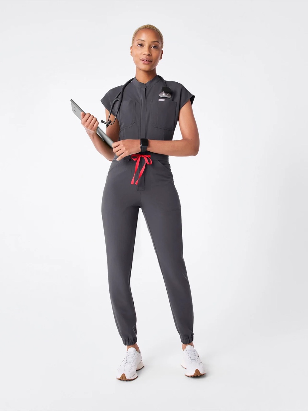 FIGS Rafaela Charcoal Grey Scrub Jumpsuit with Red Drawstring